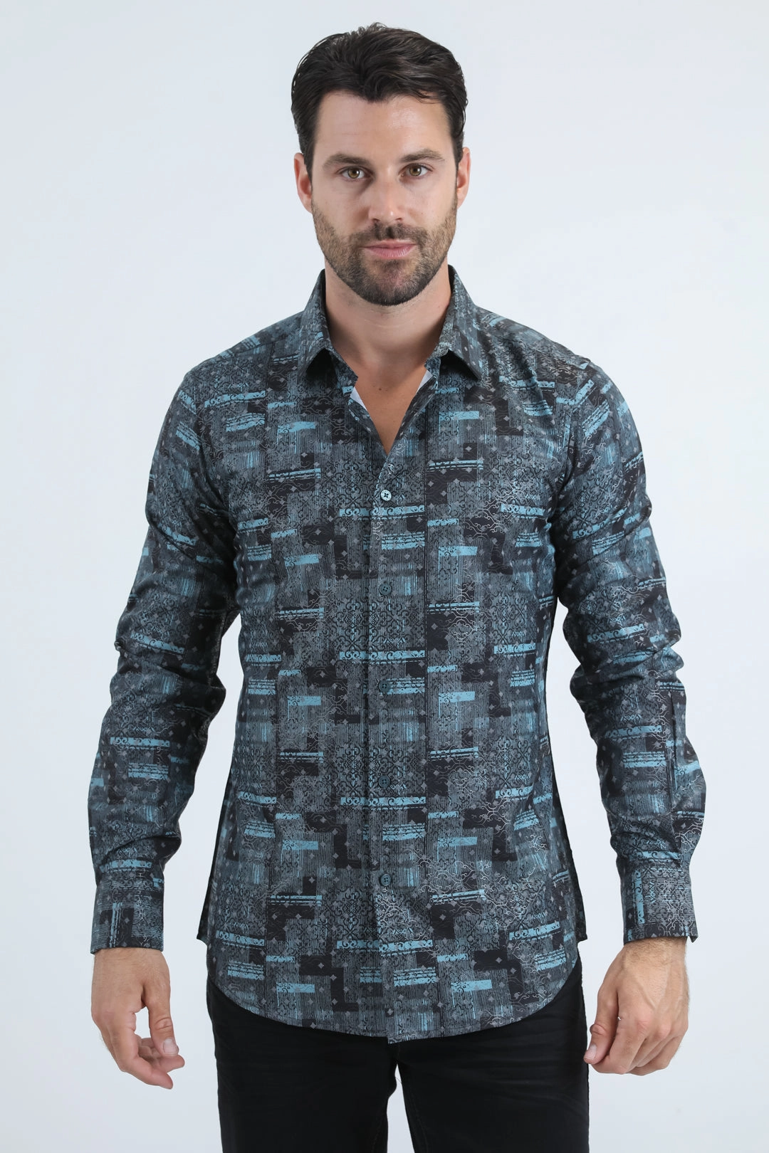 Youthful Vibe Men's Flocked Modern Fit Spandex Black Shirt