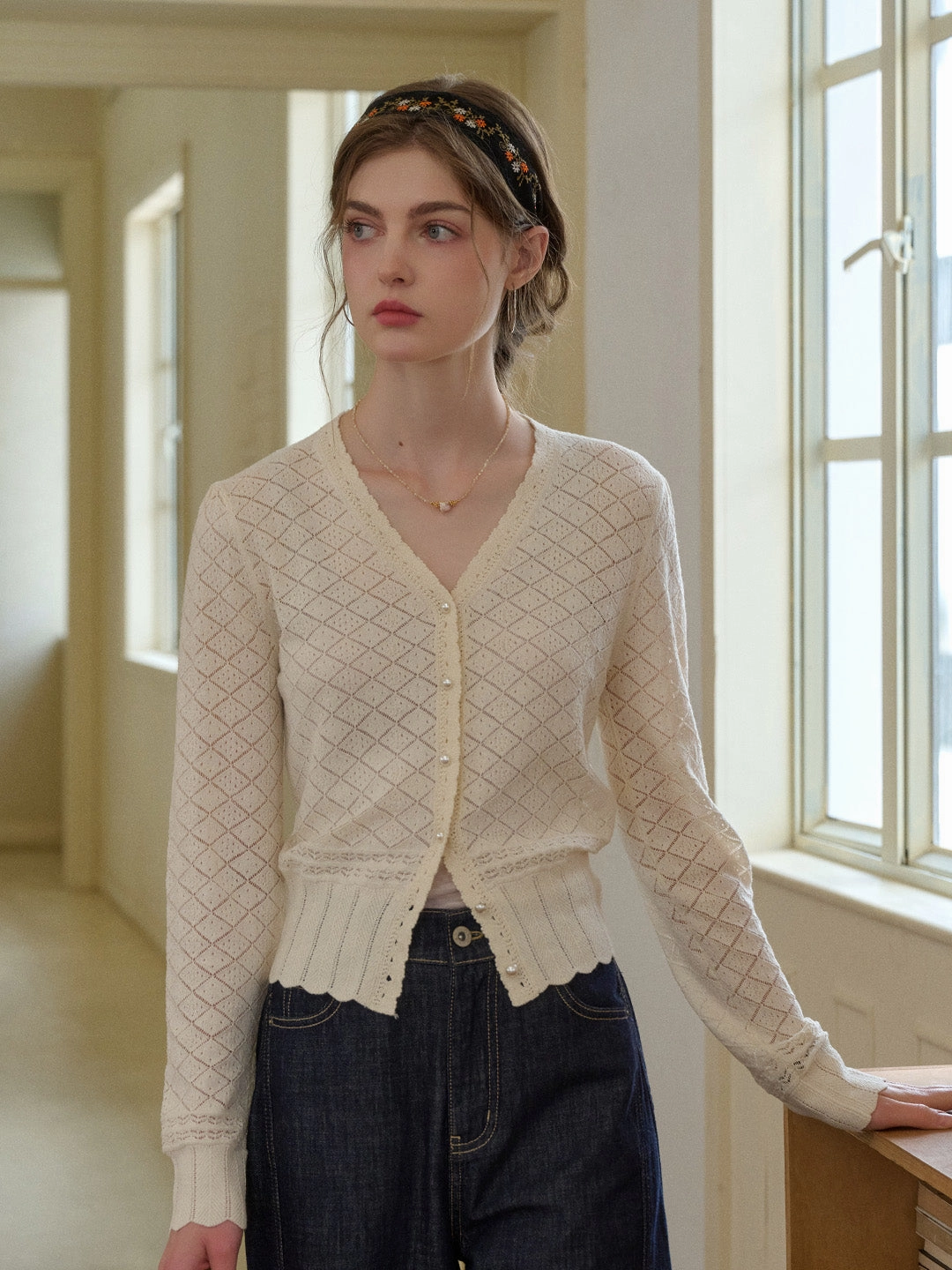 GentleWaistband Raelyn V-Neck Texture Cotton Cardigan