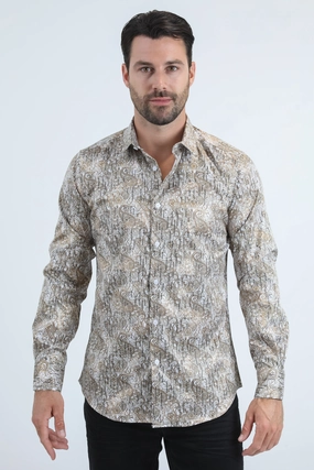 Mens Modern Fit Stretch Foil Fashion White/Gold Shirt Wrinkle Free Care wrinkle free