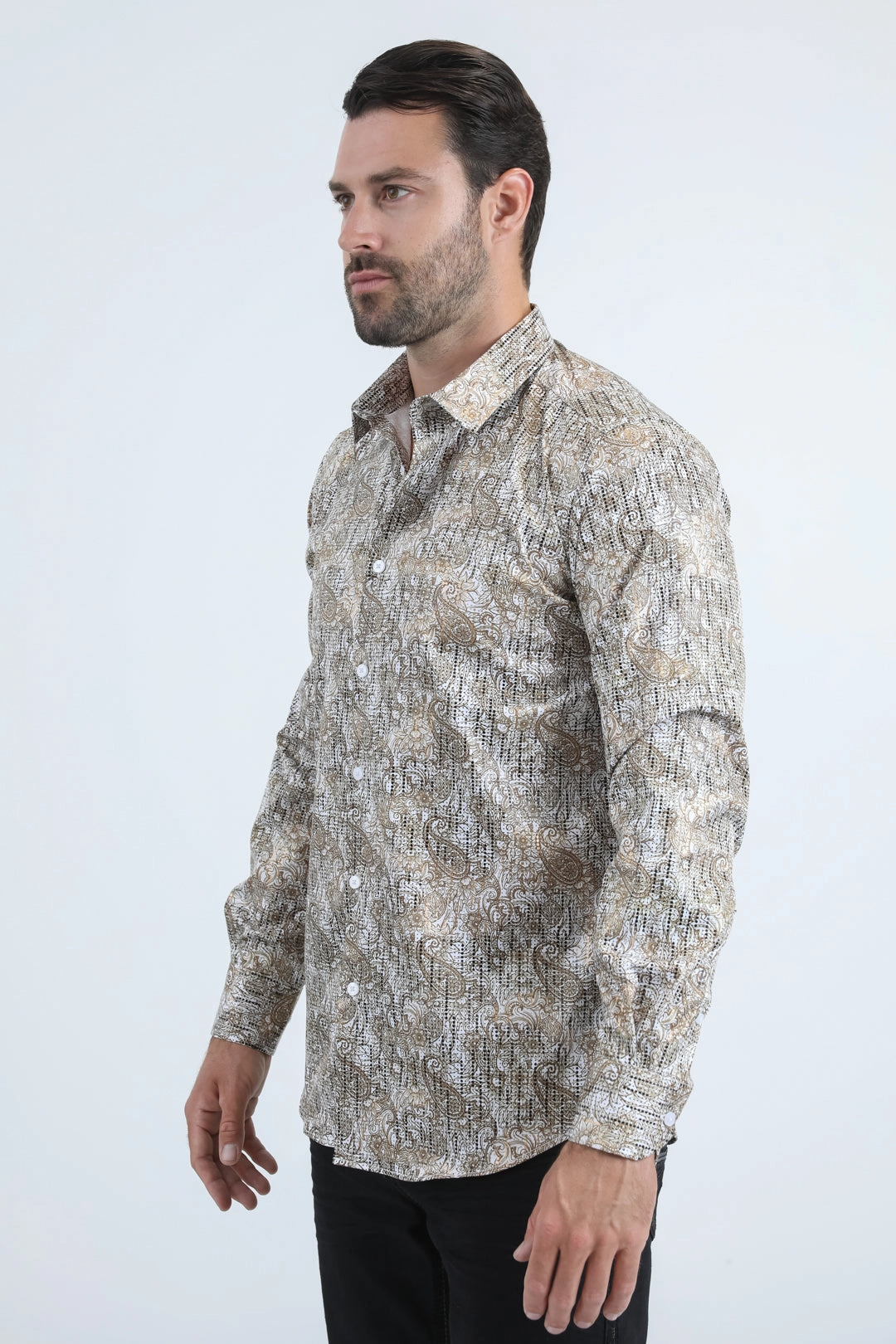 Mens Modern Fit Stretch Foil Fashion White/Gold Shirt Regular Fit