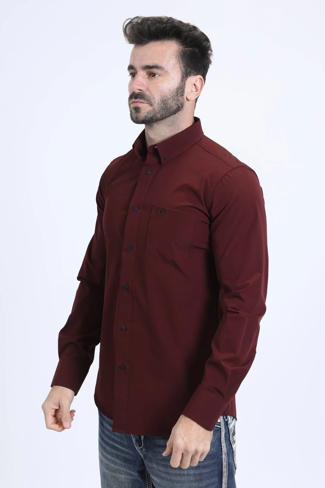 Men's Performance Long Sleeve Burgundy Shirt Classy Detail Soft Stretch Collar