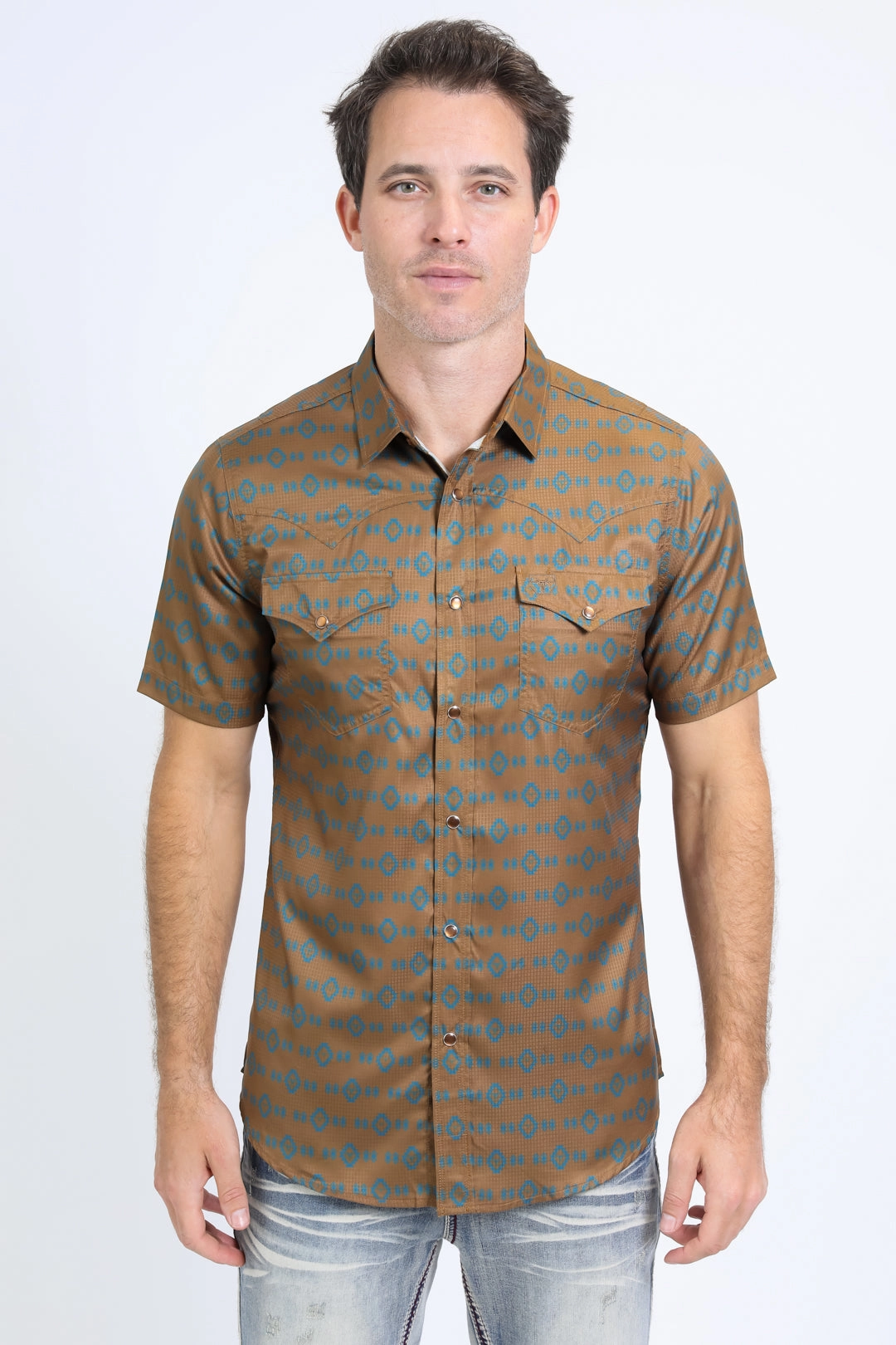 Mens Performance Western Short Sleeve Aztec Print Camel Shirt Street Comfort Breathable Cotton