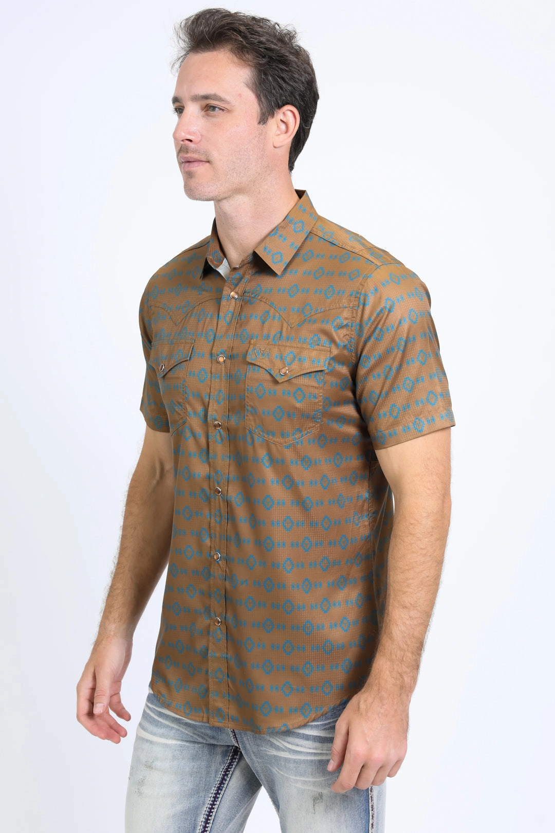 Modern Appeal Non Irritating Tags Mens Performance Western Short Sleeve Aztec Print Camel Shirt