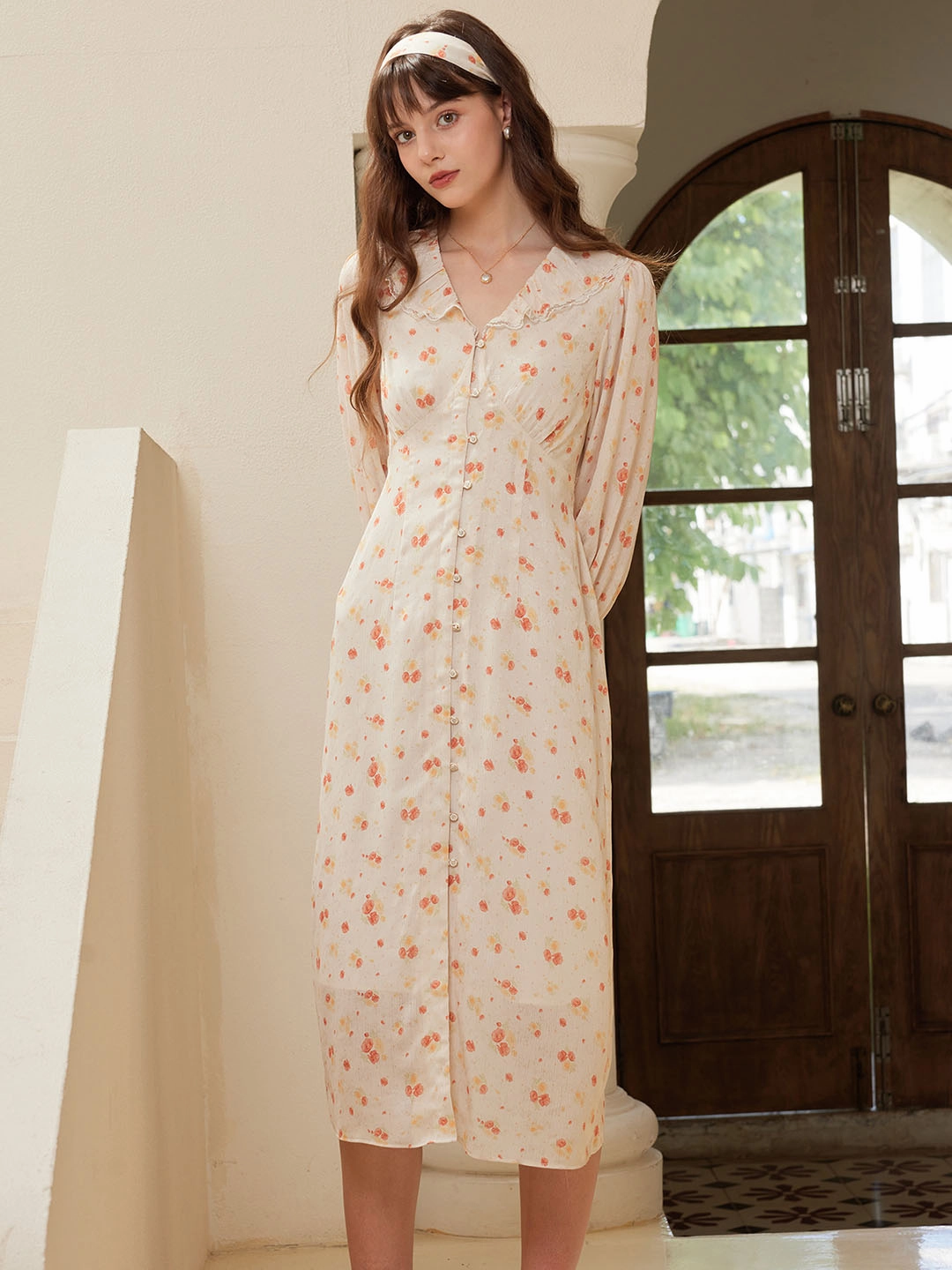 Elia Elegant V Neck Lace Panel Floral Print Dress Comfort waistband Future Edge