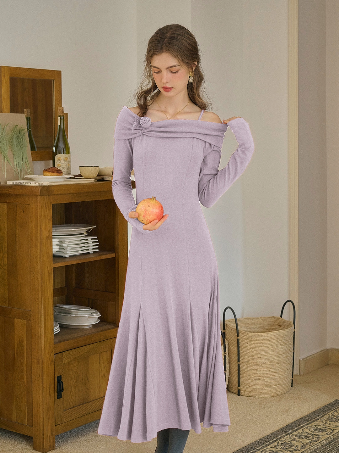 Lucille Elegant Off-Shoulder Rose Mid Dress (with Ribbon)-Purple DoubleStitchedSeams fresh start