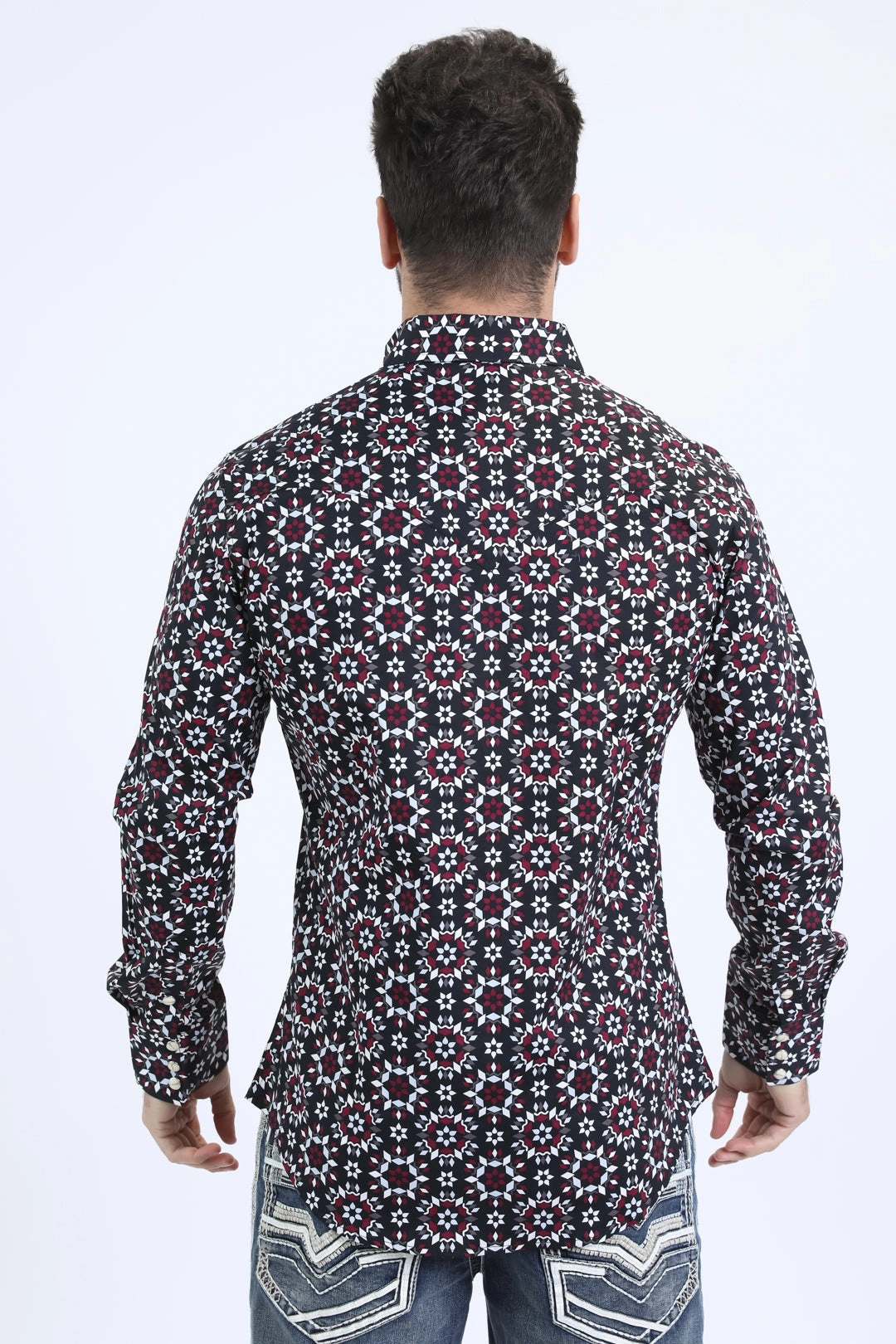 Floral Motif Mens Western Modern Fit Cotton/Spandex Long Sleeve Black Shirt with Snaps