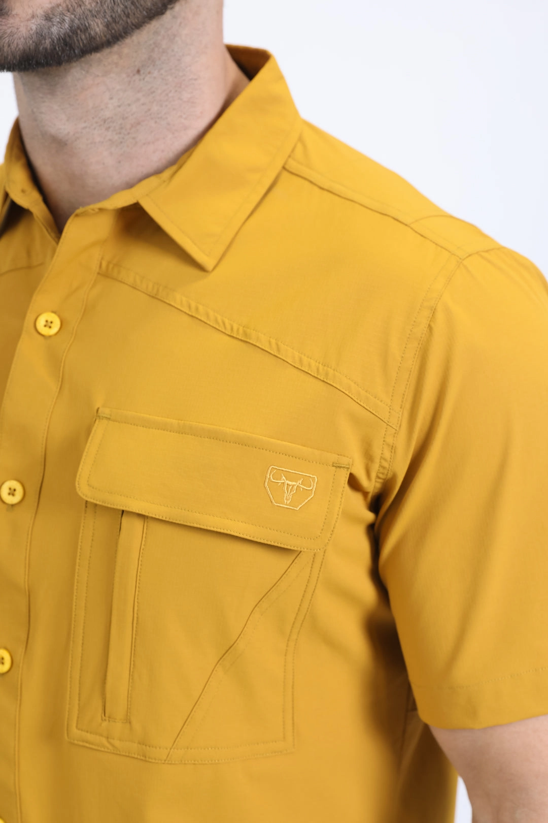 Mens Performance Classic Fit Short Sleeve Mustard Shirt Indoor Comfort Ergonomic Sleeve Cut