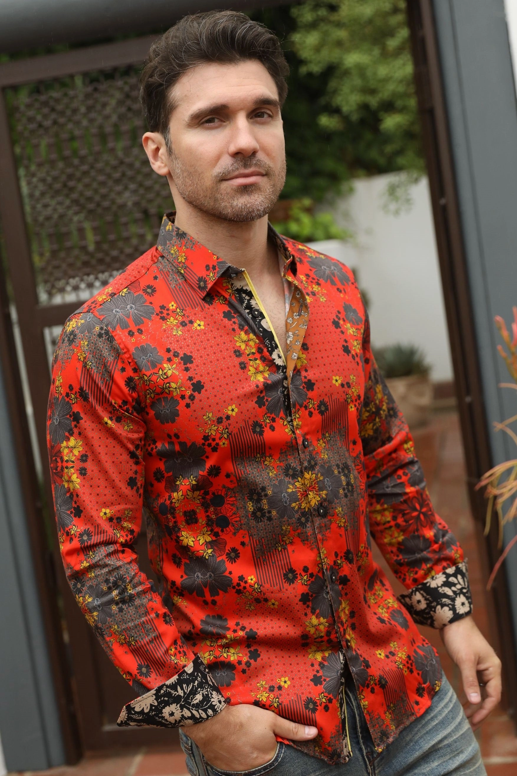 Wrinkle-Resistant Floral Print Satin Shirt - Red