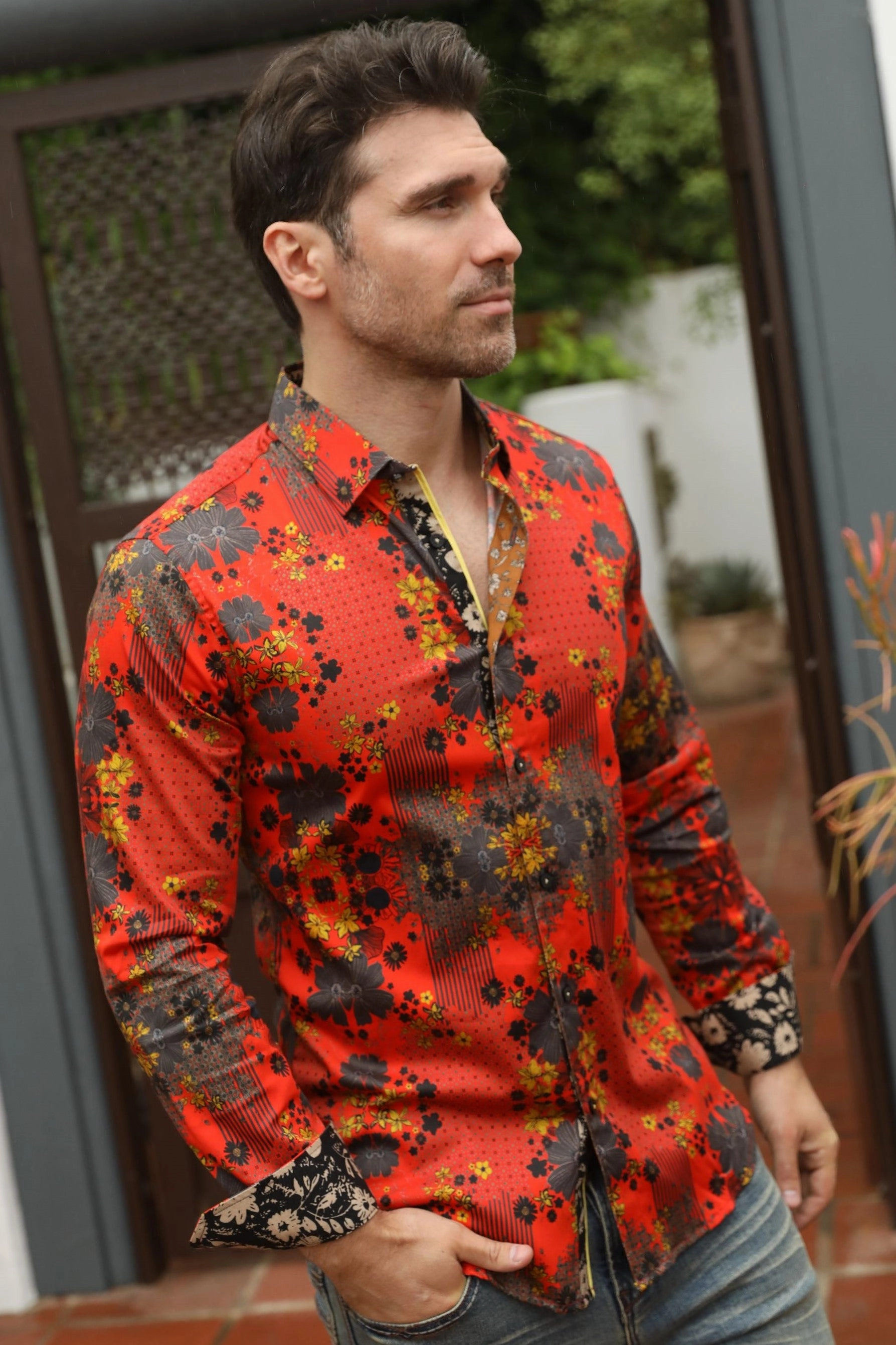 Lightweight Layer Floral Print Satin Shirt - Red