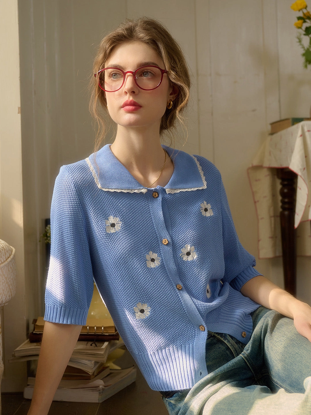 ??Final Sale??Cora Round Neck Embroidery Cardigan Handmade Fit CompressionKnit