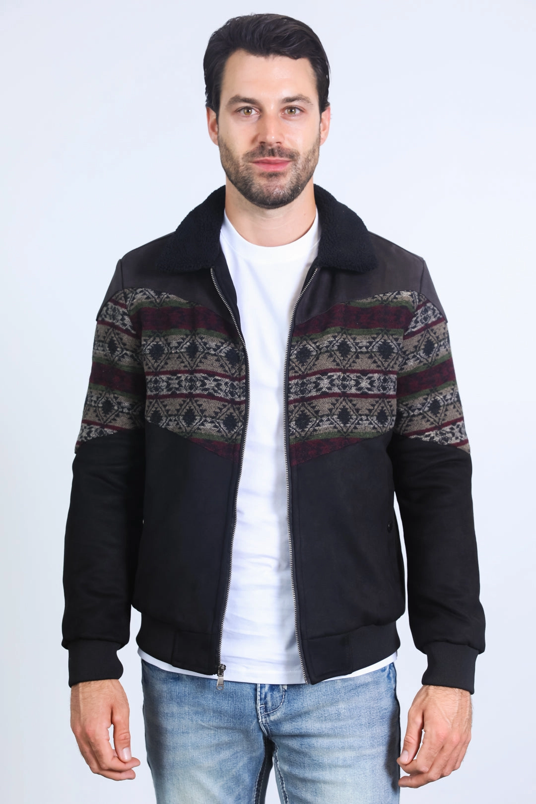 AntiPillingTechnology Office Attire Mens Ethnic Aztec Quilted Twill Black/Charcoal Jacket W/Suede Accents