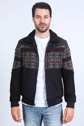 AntiPillingTechnology Office Attire Mens Ethnic Aztec Quilted Twill Black/Charcoal Jacket W/Suede Accents