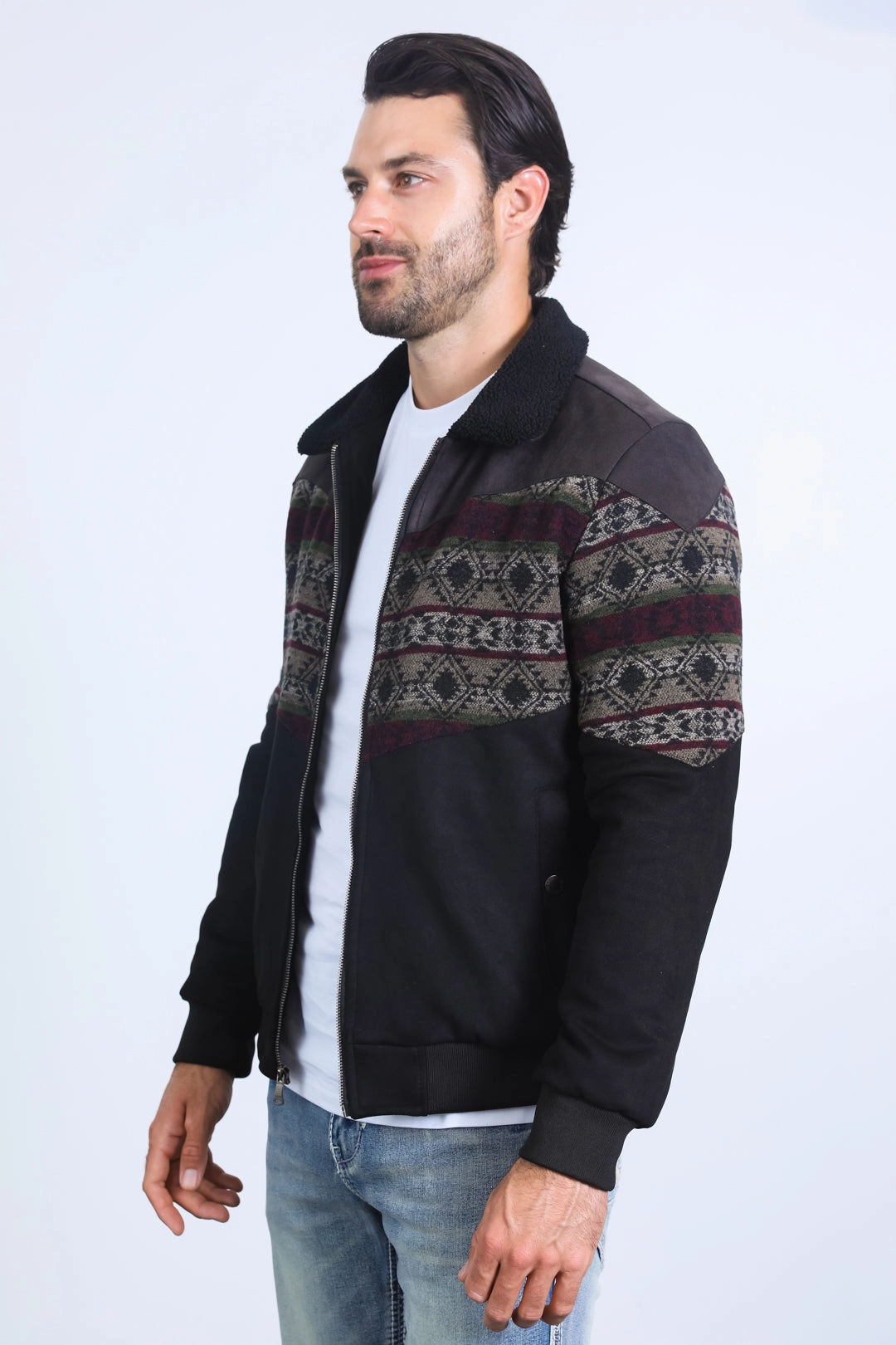 Comfort waistband LowProfile Mens Ethnic Aztec Quilted Twill Black/Charcoal Jacket W/Suede Accents