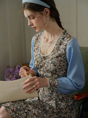 Soft Motion Soft Jacket Nicole Square Neck Bow Floral Print Lace Contrast Dress