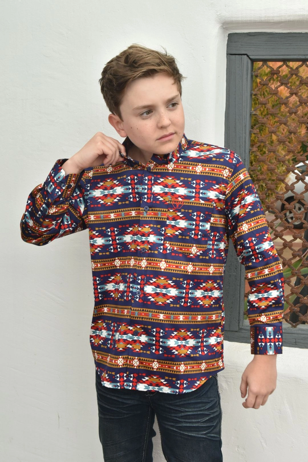 Anti Static Fabric Kid's Cotton Navy Aztec Digital Print Dress Shirt