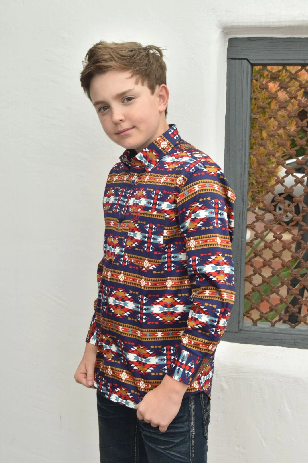 Kid's Cotton Navy Aztec Digital Print Dress Shirt Layered Collar Effortless Style
