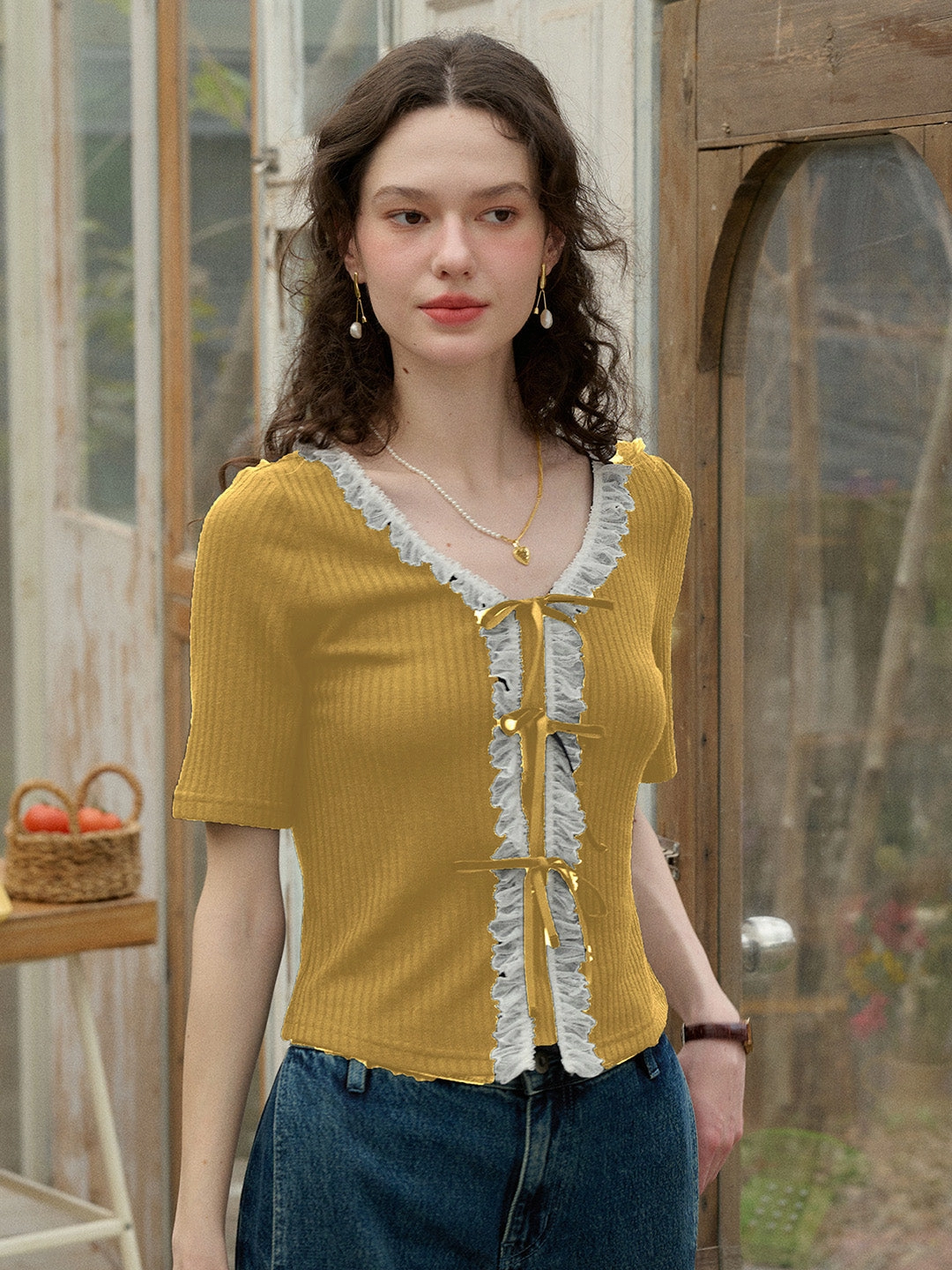 ??Final Sale??Emerie V-neck Contrast Lace Panel Bow Knitted Top - Yellow Casual Comfort ElasticFree Cuffs