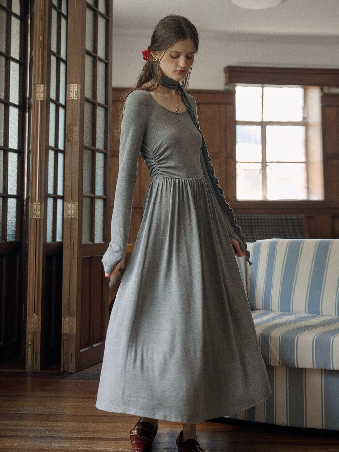 Kaitlyn Round Neck Elegant Gray Slim Fit Knit Dress Zoom Proper