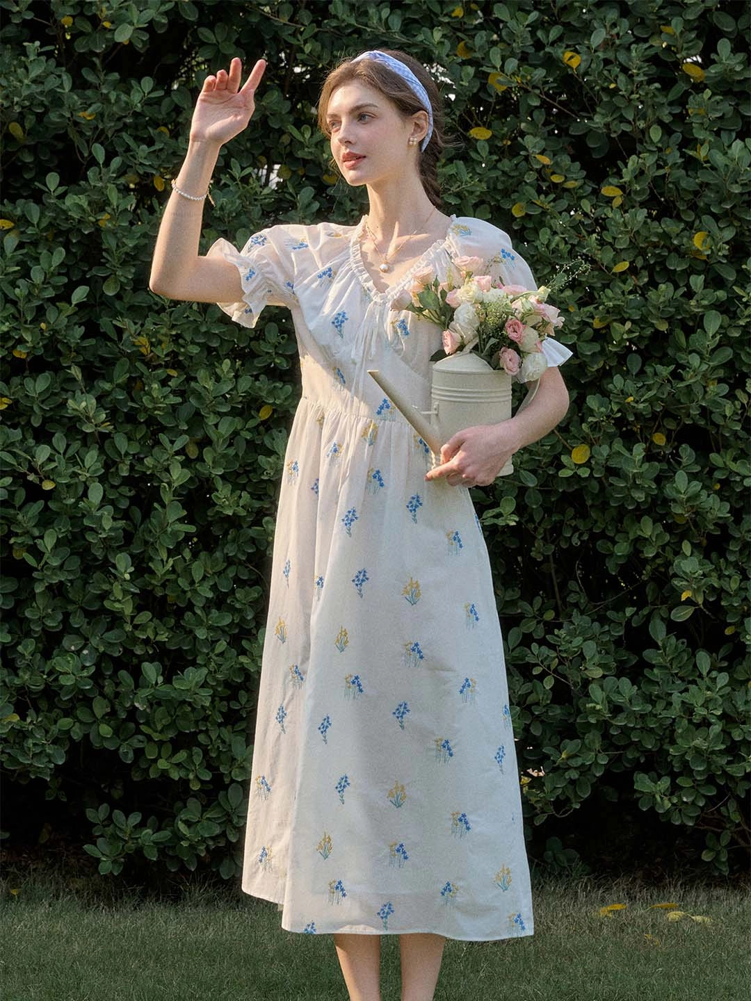 Jane Gypsophila Embroidered Floral V-neck Puff Sleeve Cotton Dress Formal Look