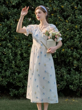 Jane Gypsophila Embroidered Floral V-neck Puff Sleeve Cotton Dress Comfort Wear Natural Fiber Blend