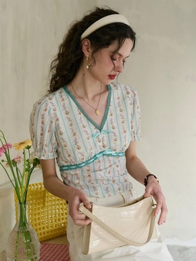 ??Final Sale??Angel V Neck Bow Lace Contrast Floral Print Striped Puff Sleeve Top ElasticBinding Flexible Joints