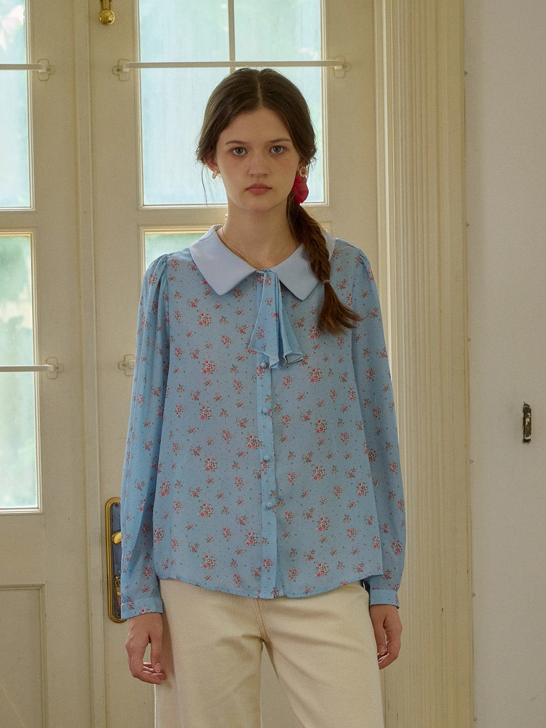 Noble Grace ??Final Sale??Alexis Long Sleeve Patchwork Peter Pan Collar Embroidery Casual Blouse - Blue