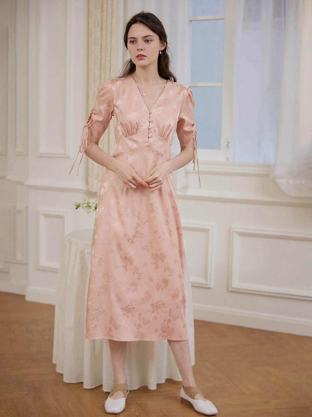 Pure Cotton Planet Care Kora Retro Floral Jacquard Pink Tea Length Dress