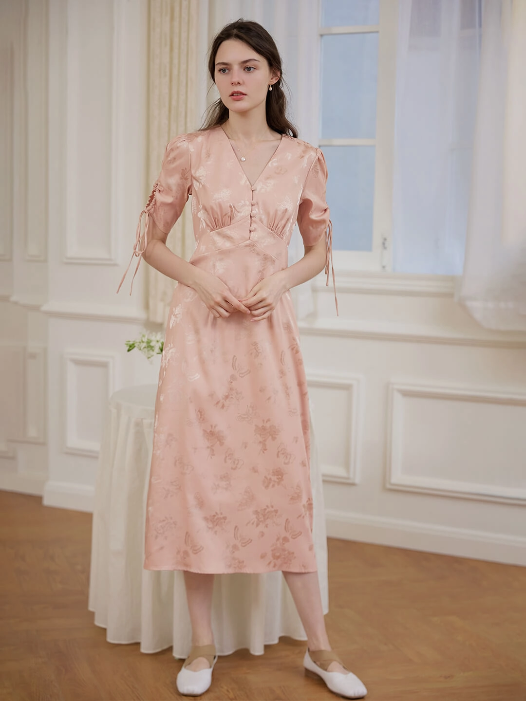 Kora Retro Floral Jacquard Pink Tea Length Dress WaterRepellentFinish Natural Fiber Blend