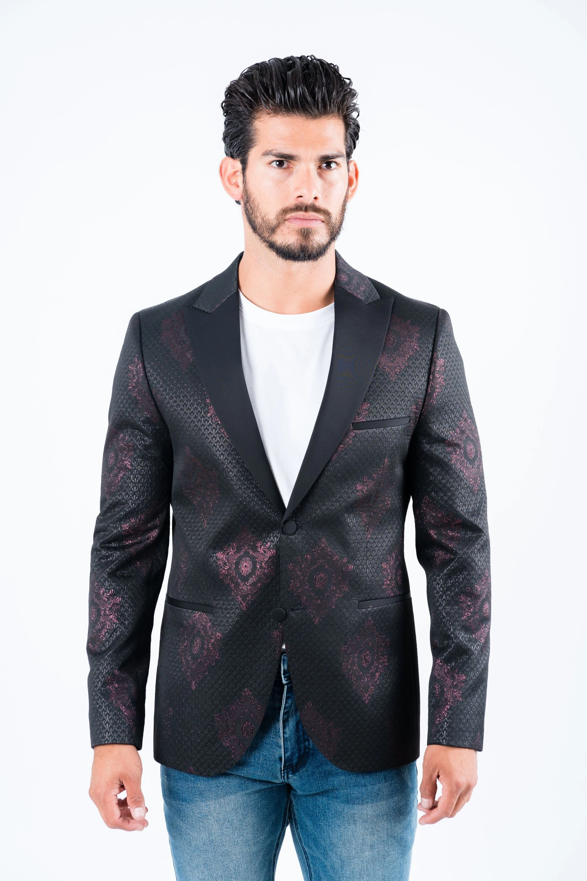 Men's Double Button Black Woven Printed Blazer Epic Glow World Tone