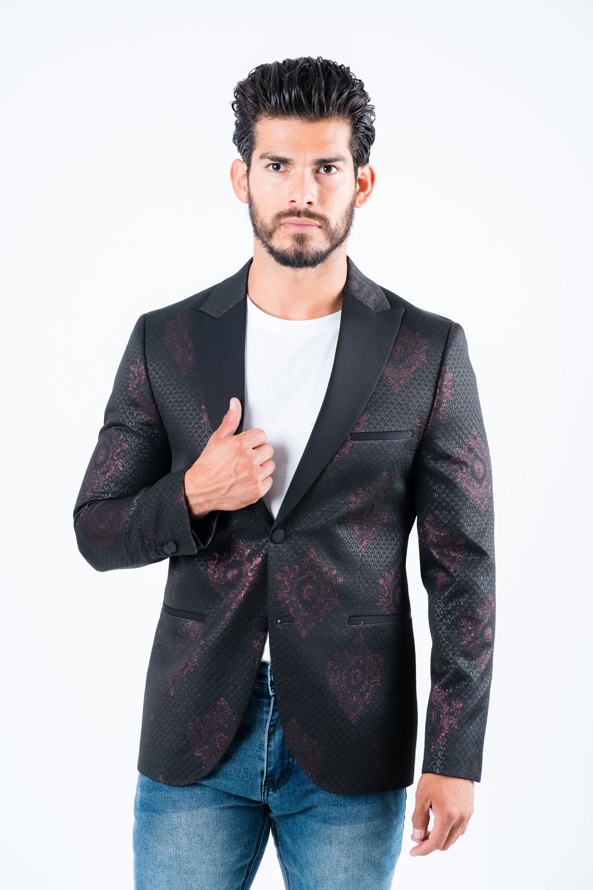Crystal Soul Men's Double Button Black Woven Printed Blazer