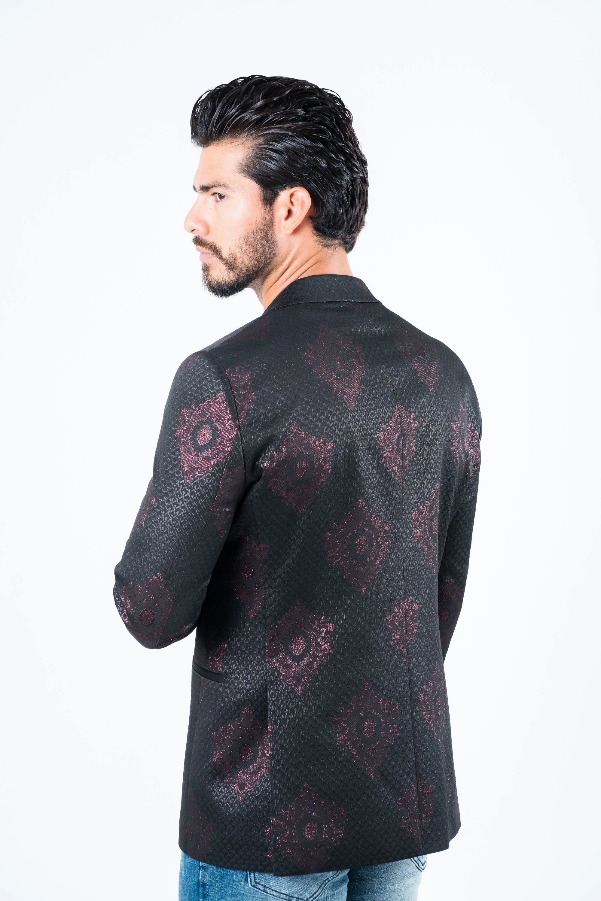 Surf Mood AdjustableStraps Men's Double Button Black Woven Printed Blazer