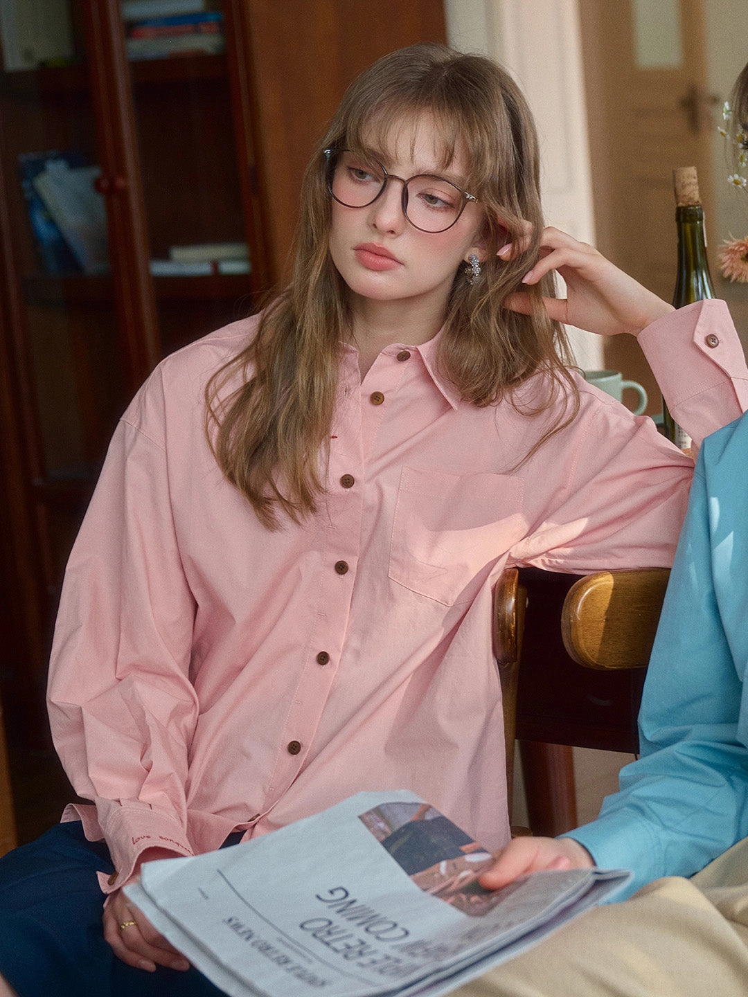 Teacher Chic Claire Simple Lapel Pocket Blouse - Apricot