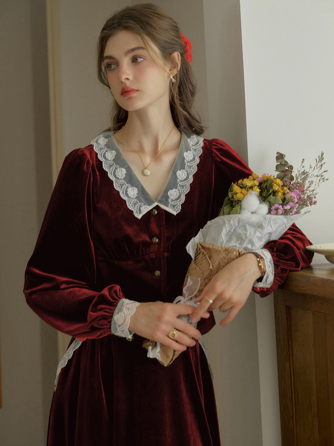 ??Final Sale??Megan V-neck Contrast Lace Lapel Cuffs Splicing Velvet Blouse - Red FlexibleElasticity