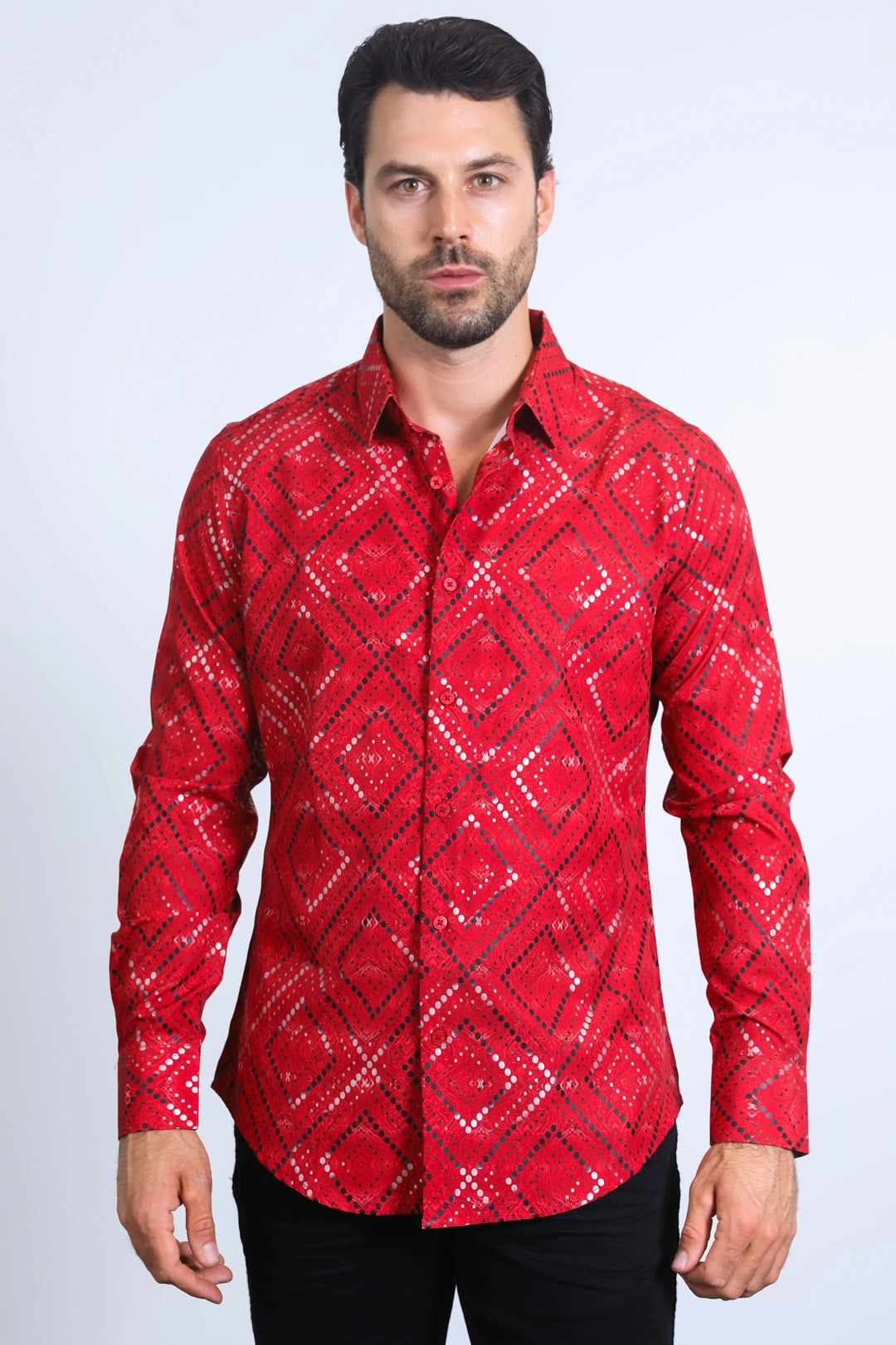 Mens Modern Fit Stretch Foil Fashion Red Shirt wrinkle free