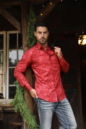 Mens Modern Fit Stretch Foil Fashion Red Shirt Perfect Wear color block