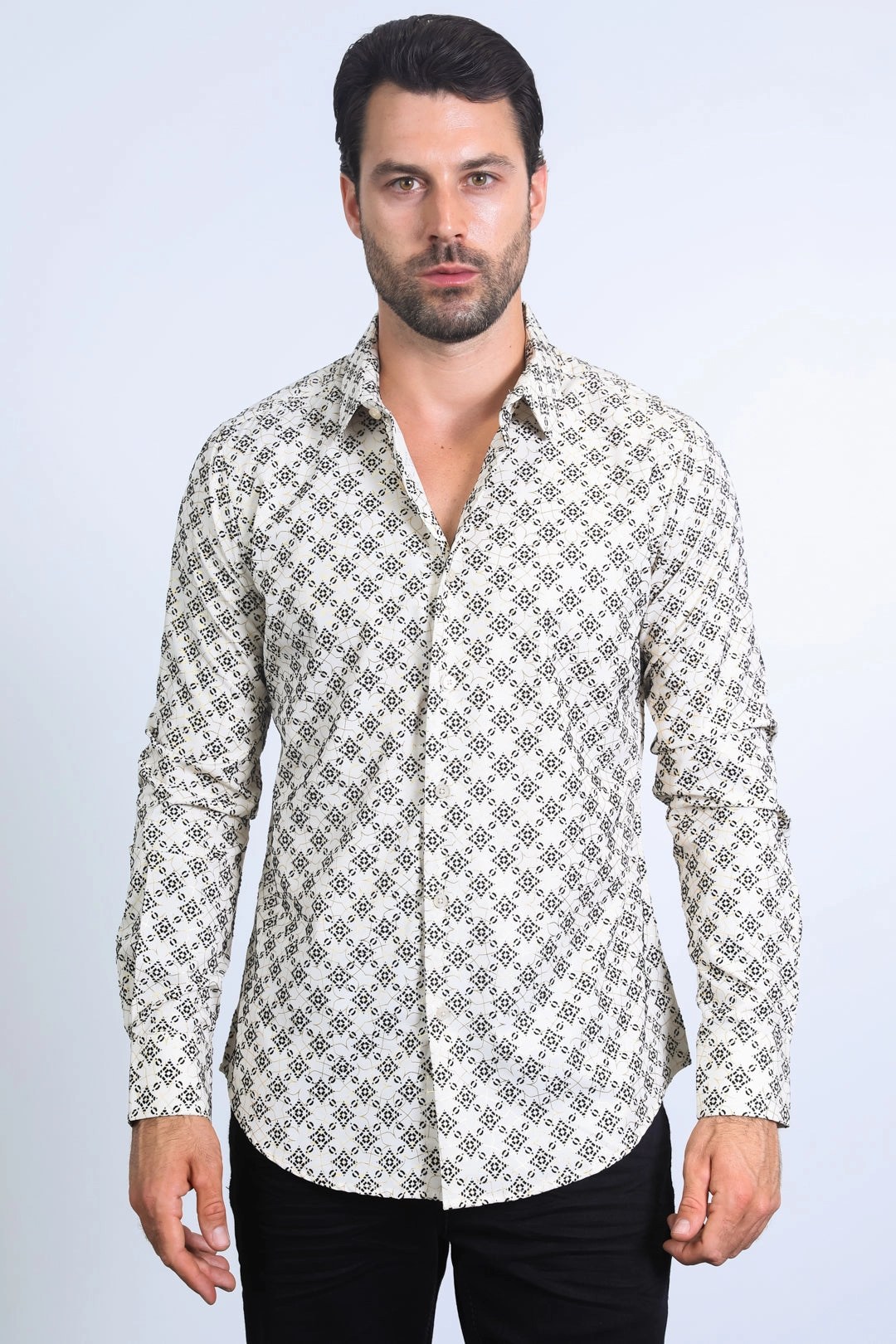 Trendy Wear Timeless Wardrobe Men's Flocked Style Modern Fit Spandex Beige Shirt