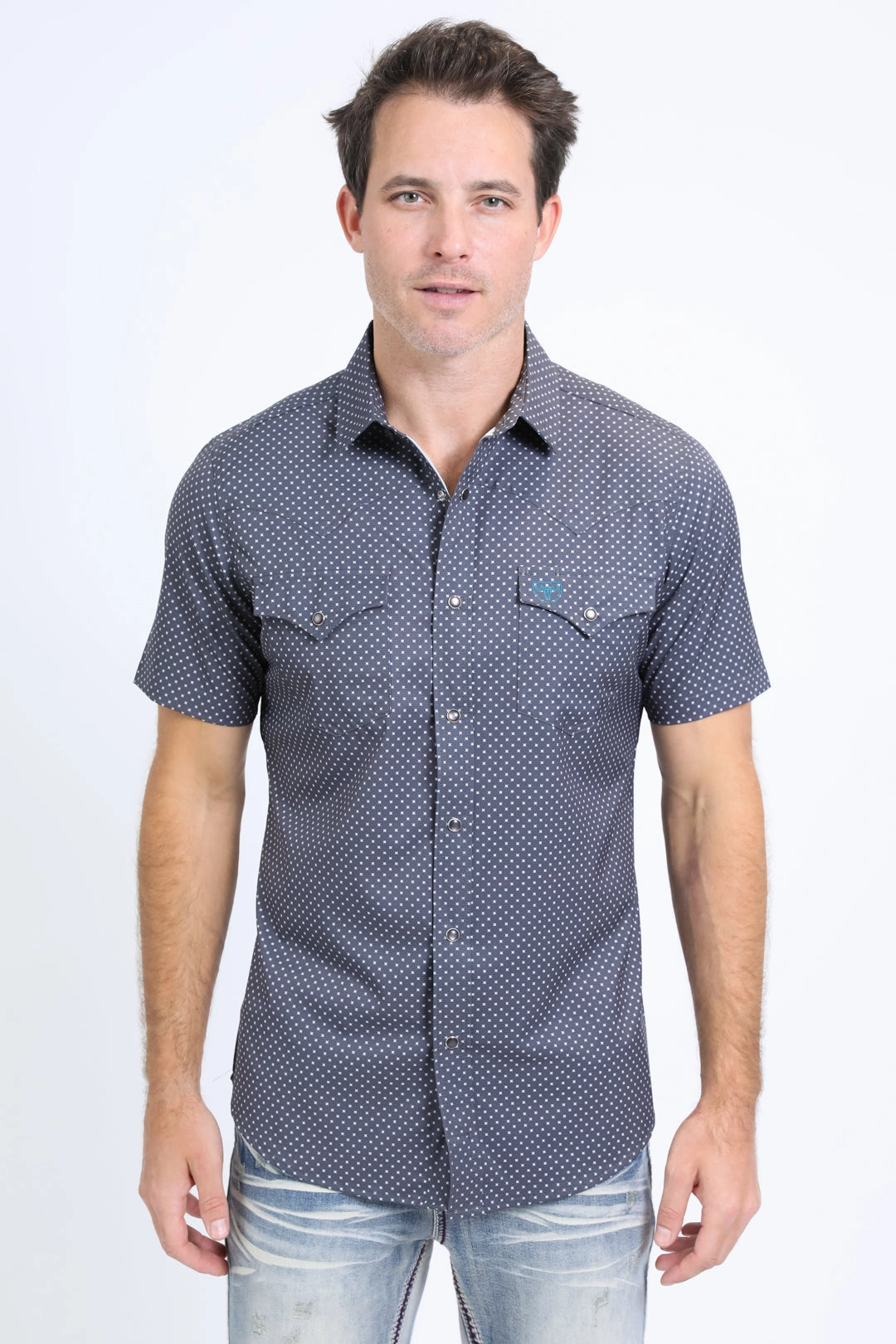 Relaxed Look Mens Performance Western Short Sleeve Aztec Print Grey Shirt