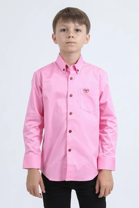 Lightweight Layer Double Stitched Hems Kid??s Single Pocket Logo Modern Fit Stretch Hot Pink Dress Shirt