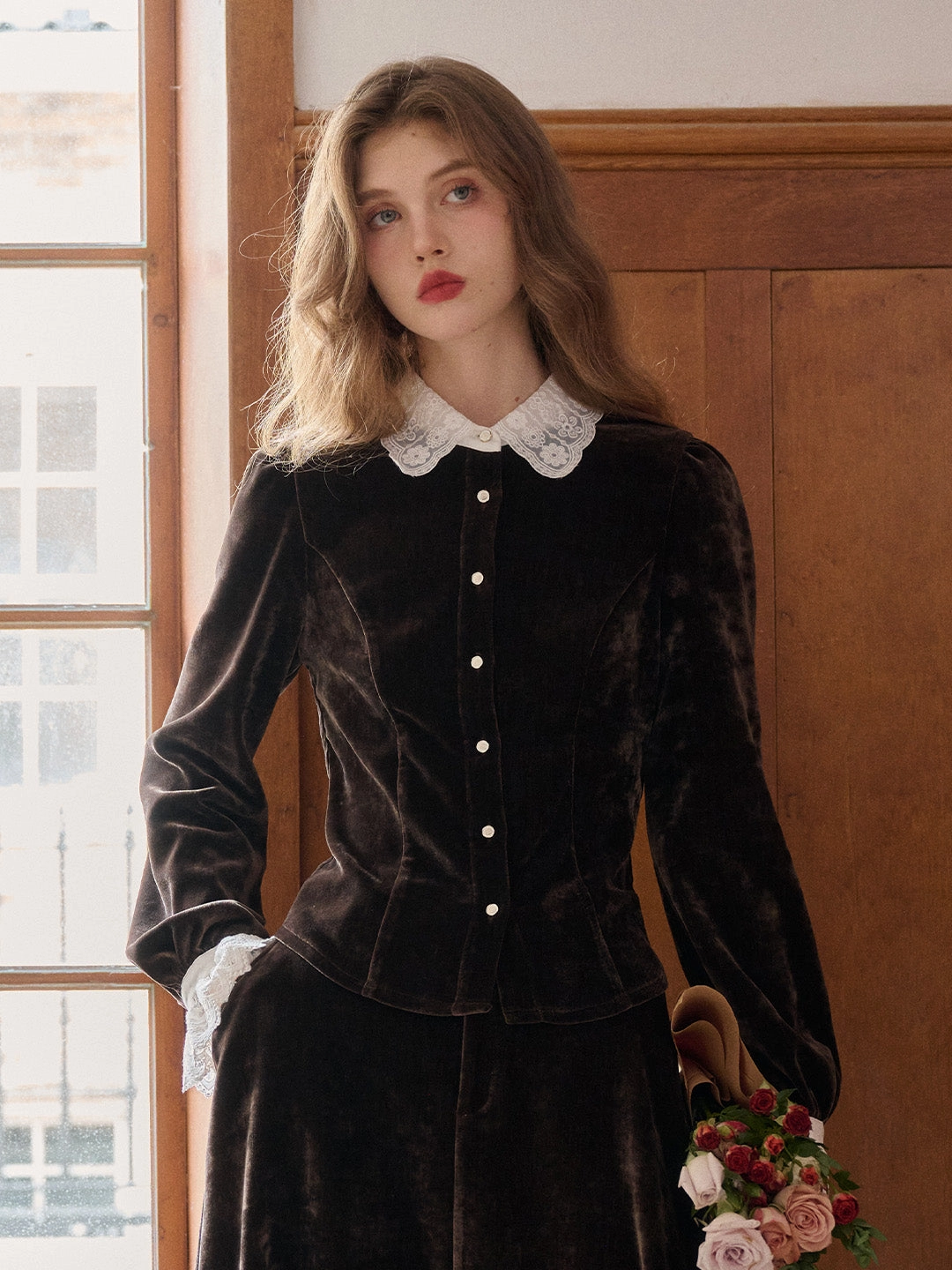 Goldie Peter Pan Collar Velvet Blouse CompressionEnhanced Fit