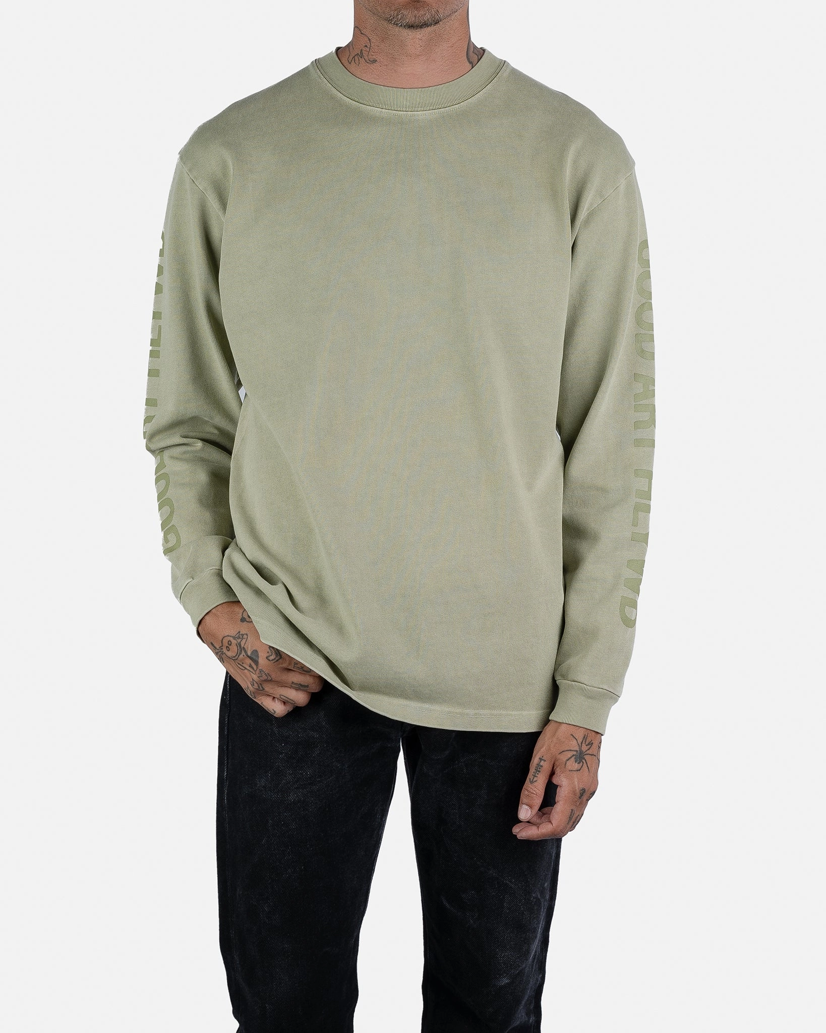 Fine Weave GOOD ART HLYWD Heavyweight Long Sleeve Crew Neck T-Shirt - Sage Green