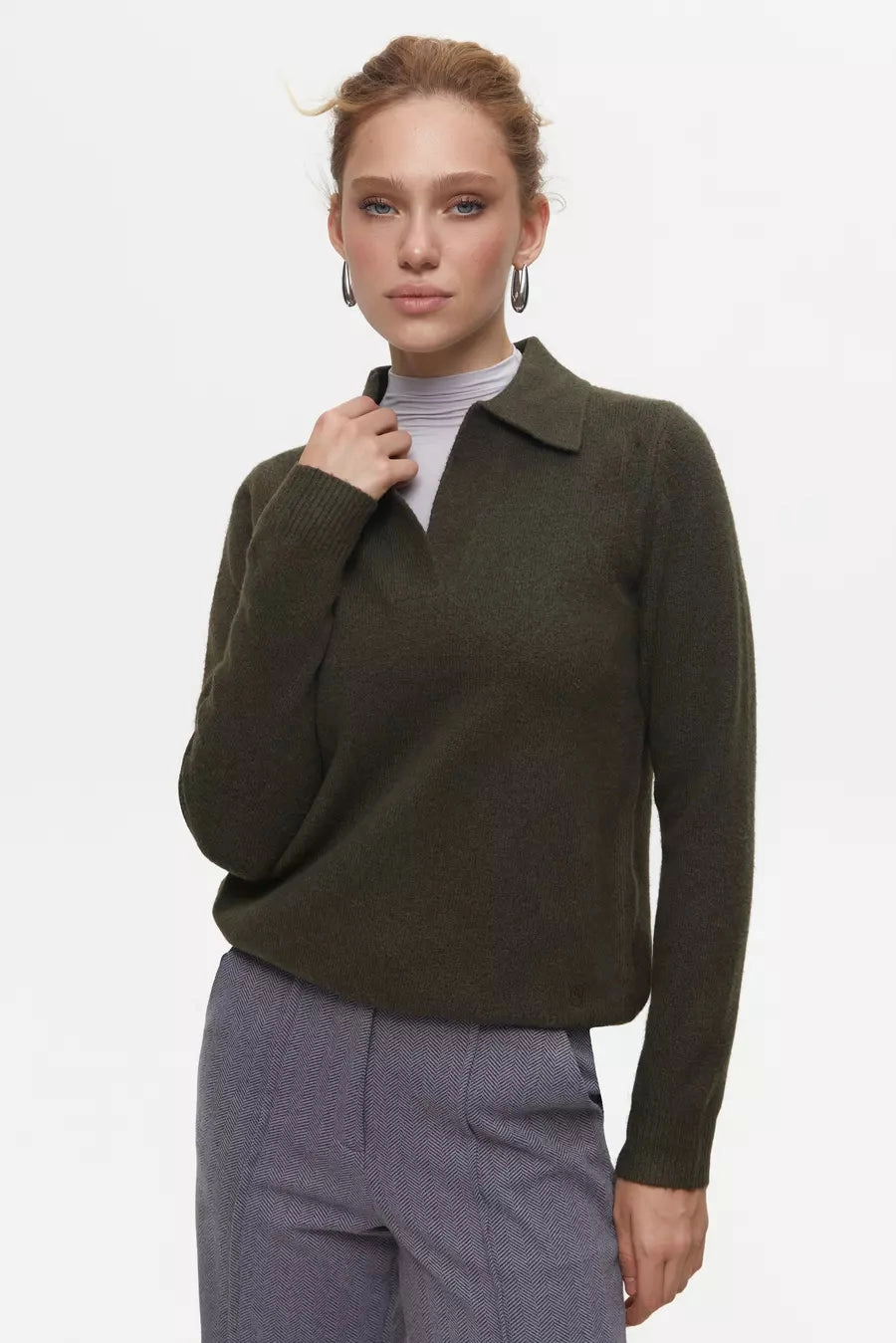 Green Polo Sweater Recycled Material Crafting Drop Needle Detailing