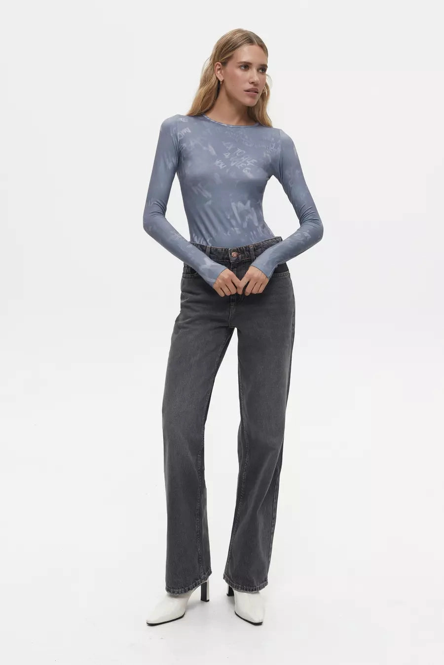 Grey Print Bodysuit Modern Knitwear High Density Weave