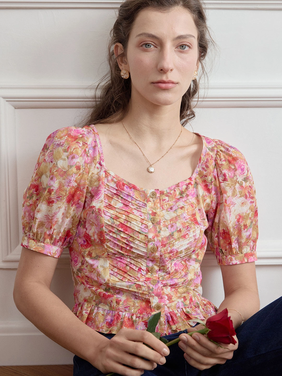 ??Final Sale??Katalina Floral Print Ruched Front Ruffle Hem Blouse OdorResistantFabric OrganicCotton