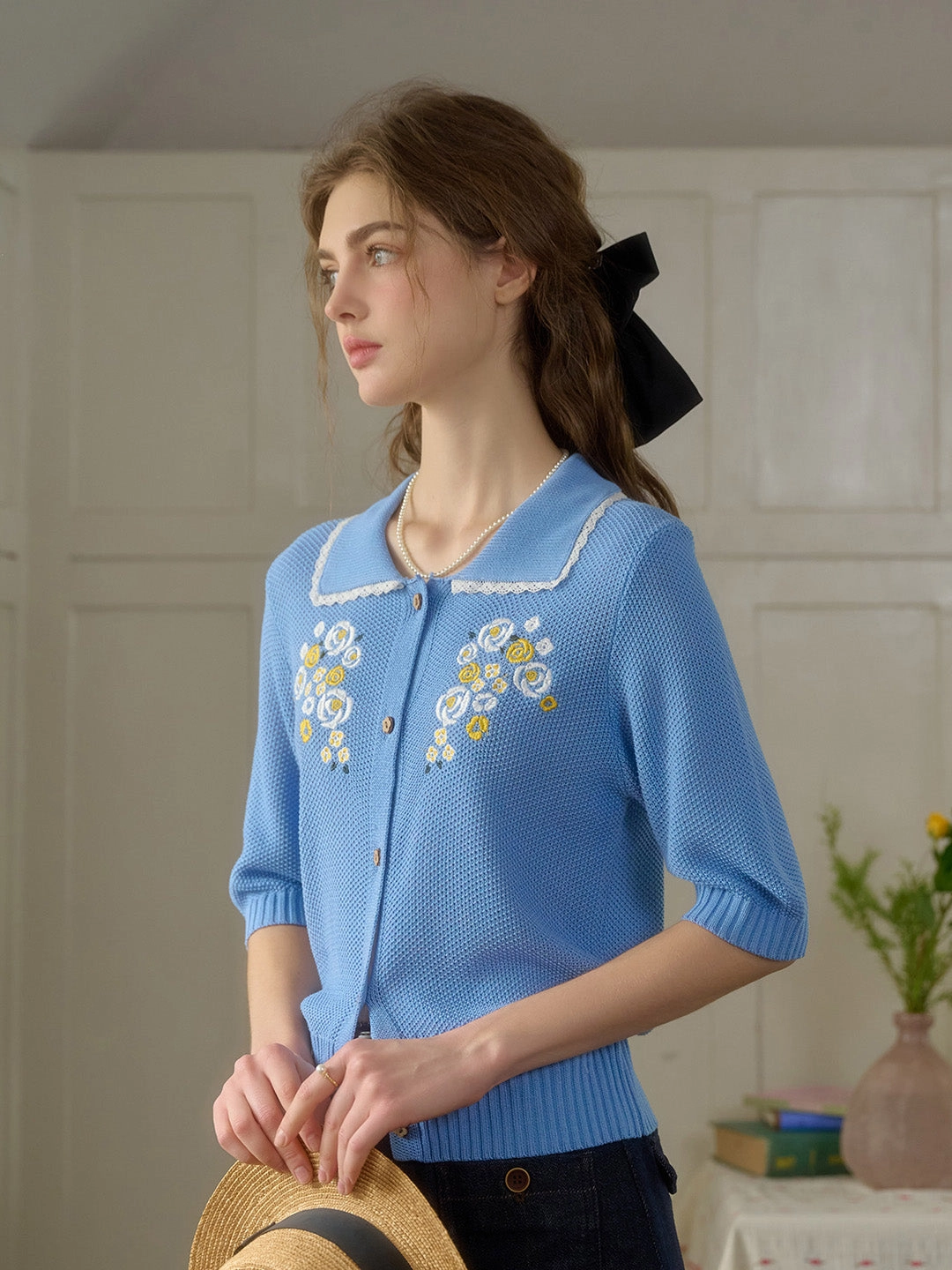 StainResistant Fabric OdorResistant Fabric ??Final Sale??Zoe Wavy Collar Embroidery Knit Blouse