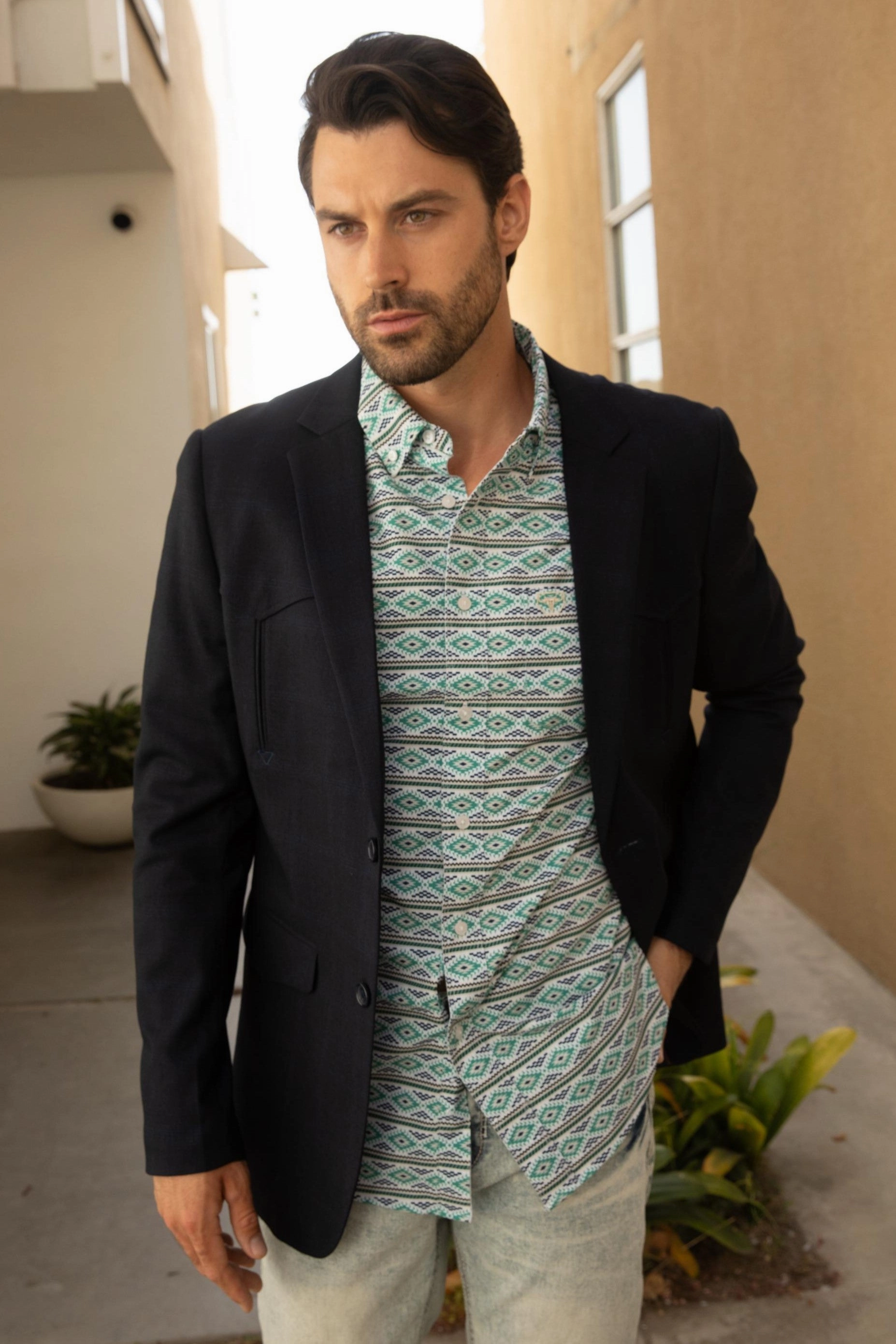 Men's Western Sport Coat with Elbow Patch - Dark Charcoal Clean Fit