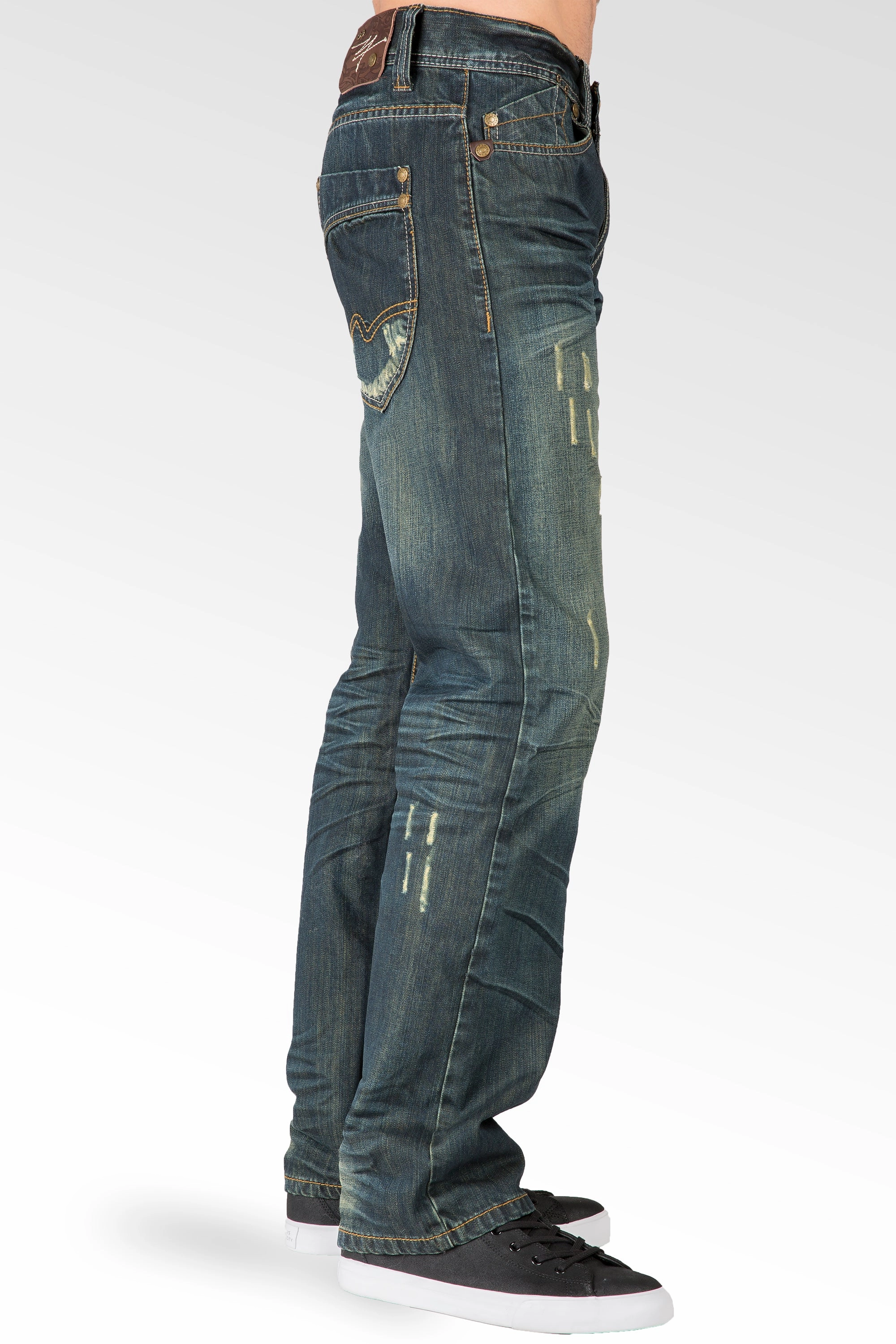 Chic Jacket Blue Tint Relaxed Straight Leg Premium Denim Jeans Signature 5 Pocket Scratching Whisker