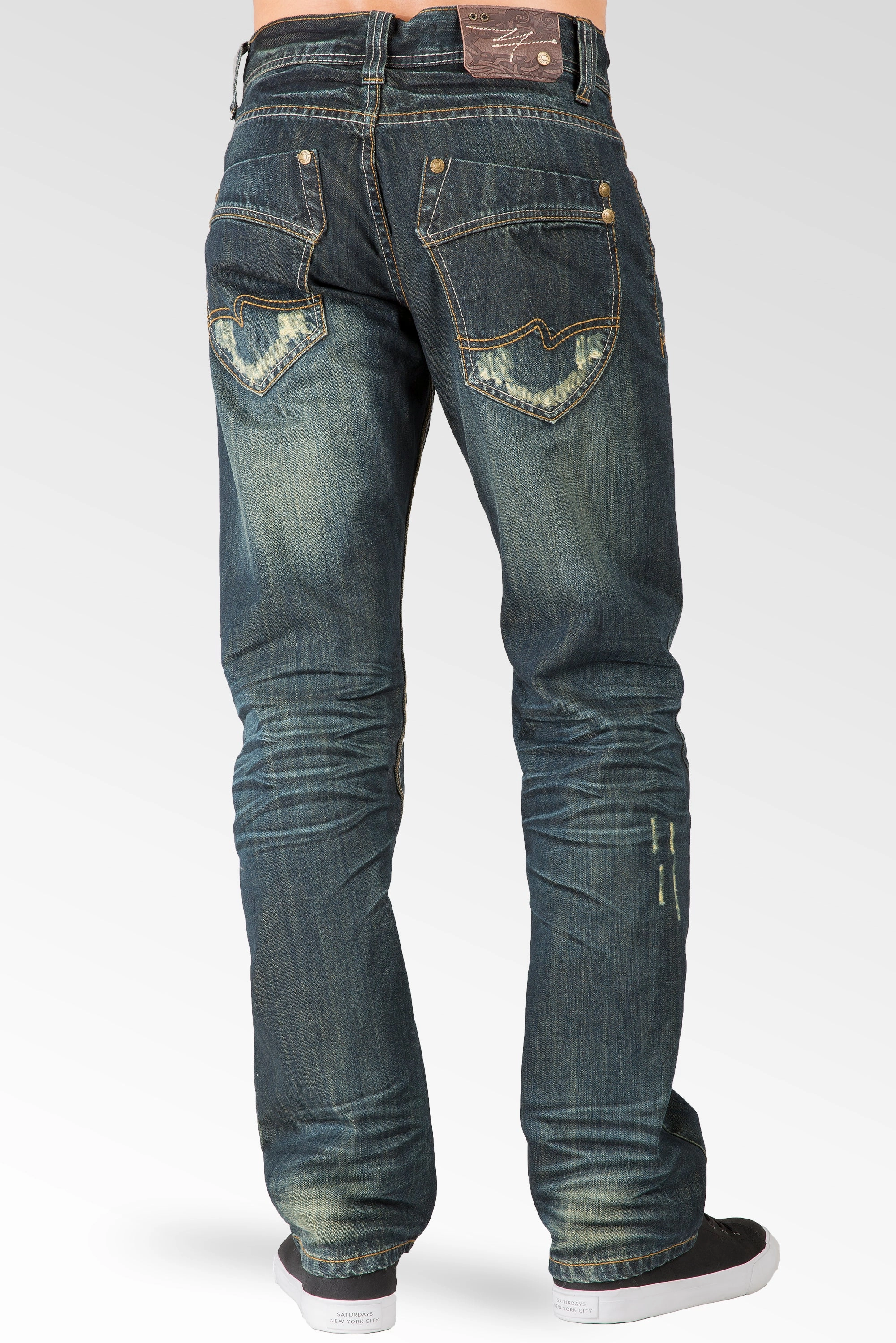 Polish Tone Blue Tint Relaxed Straight Leg Premium Denim Jeans Signature 5 Pocket Scratching Whisker