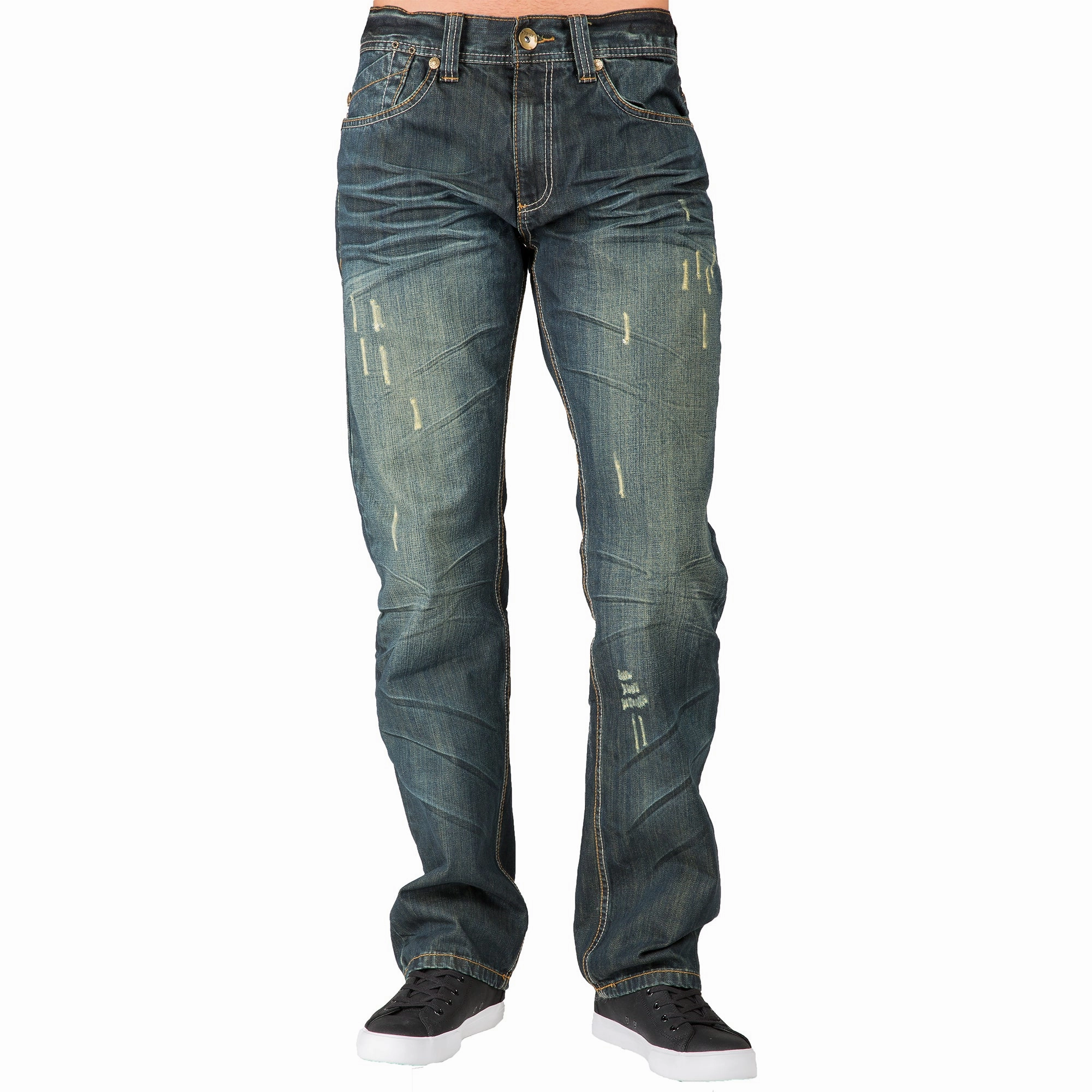 FlexibleNeckline Blue Tint Relaxed Straight Leg Premium Denim Jeans Signature 5 Pocket Scratching Whisker
