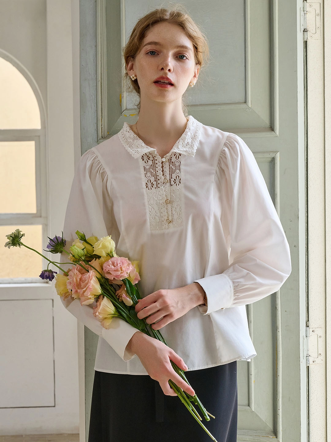 EcoFriendly Textiles AllSeasonWear Hadleigh Lace Paneled Hollow Puff Sleeve Blouse
