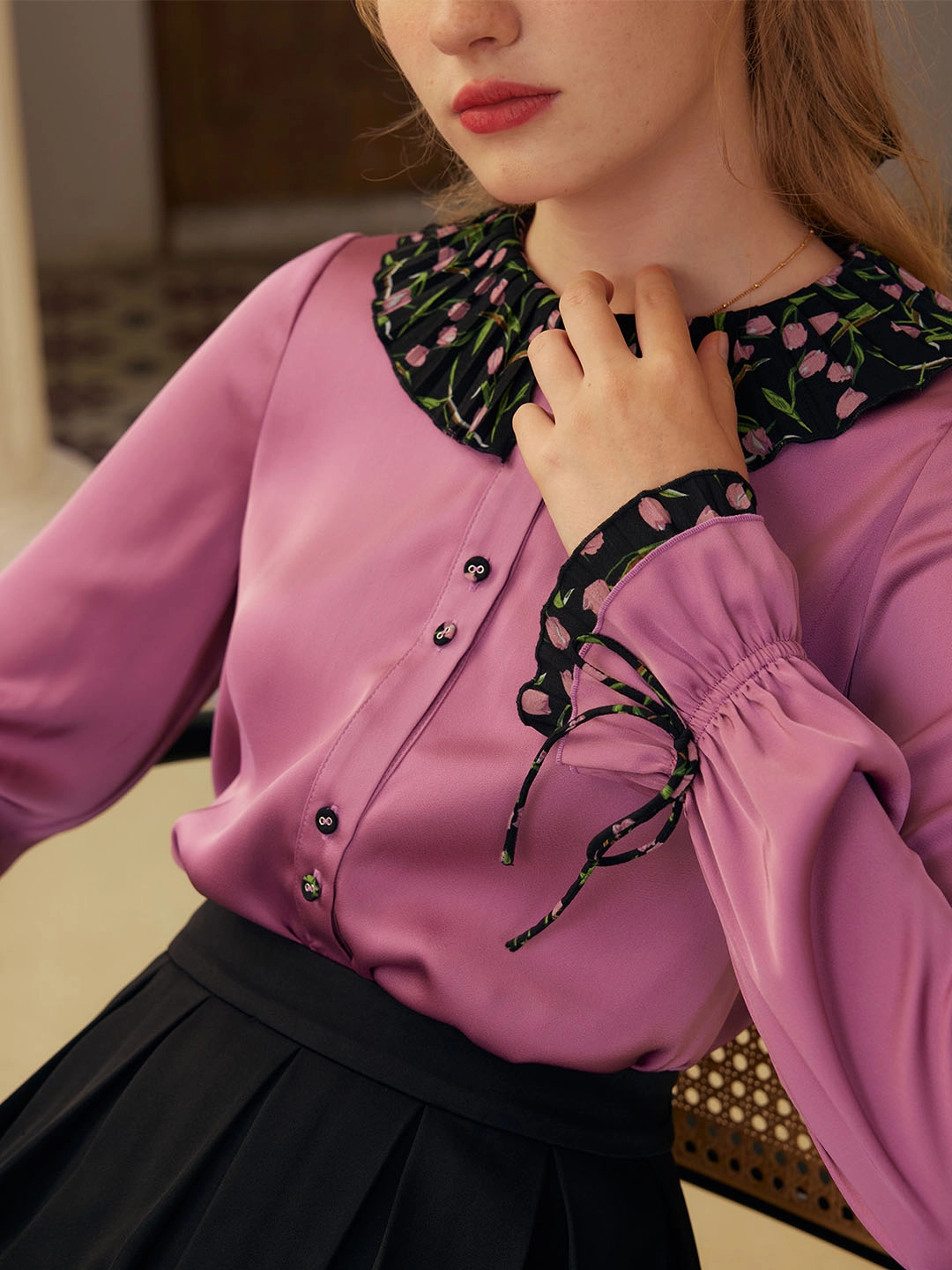 Hazel Contrast Lapel Trumpet Sleeves Blouse AdjustableWaistband StretchableFabric